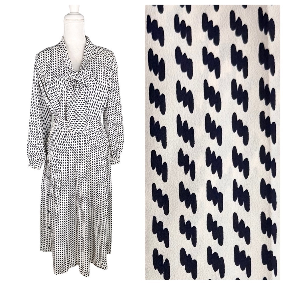 Halston III blouse skirt set 80s vintage neck bow midi matching 2 piece sz 10